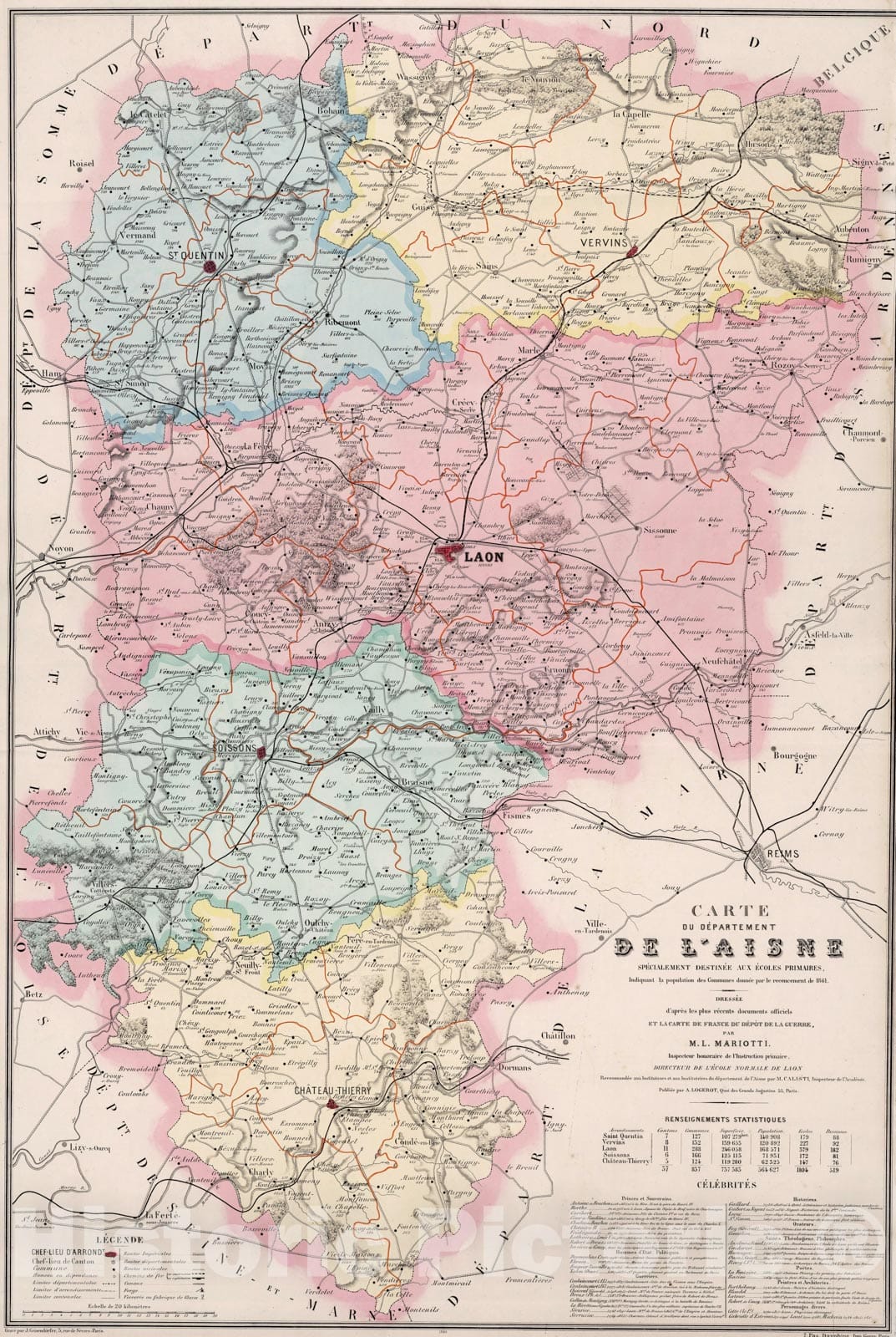 Historic Map : Aisne , France 1876 Carte du Departement de L'Aisne Specialement Destinee aux Ecoles Primares. , Vintage Wall Art