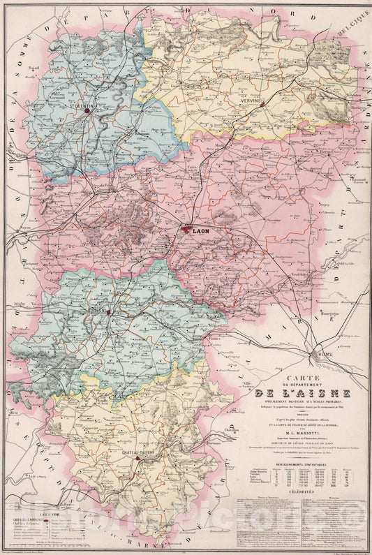 Historic Map : Aisne , France 1876 Carte du Departement de L'Aisne Specialement Destinee aux Ecoles Primares. , Vintage Wall Art