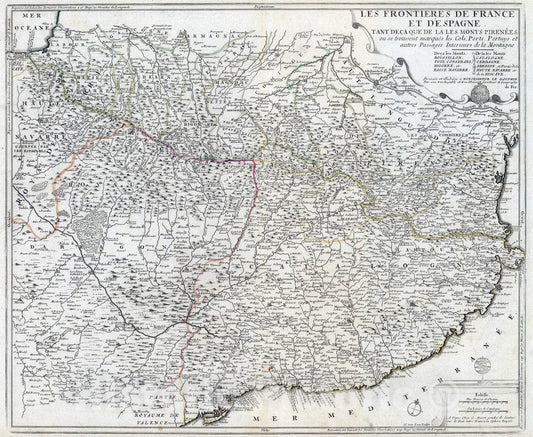 Historic Map : France, 1694 Les Frontieres de France et d'Espagne. , Vintage Wall Art