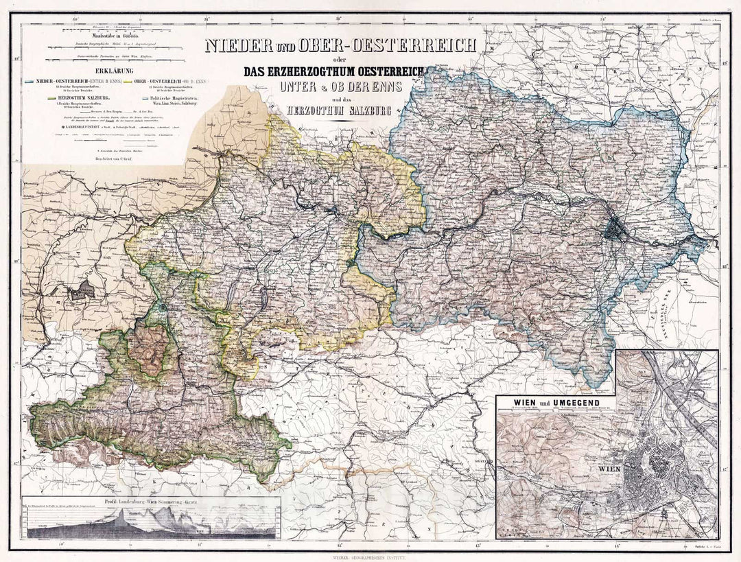 Historic Map : 1886 Lower and Upper Austria or the Duchy of Austria and the Duchy of Salzburg. - Vintage Wall Art