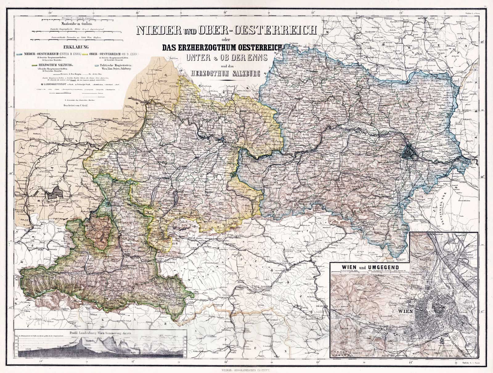 Historic Map : 1886 Lower and Upper Austria or the Duchy of Austria and the Duchy of Salzburg. - Vintage Wall Art