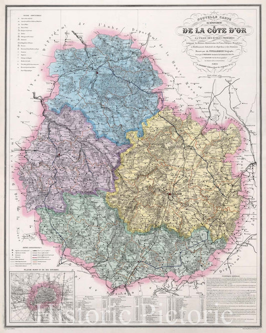 Cote-d'Or, France with Dijon, 1876 - Historical Map Reproduction