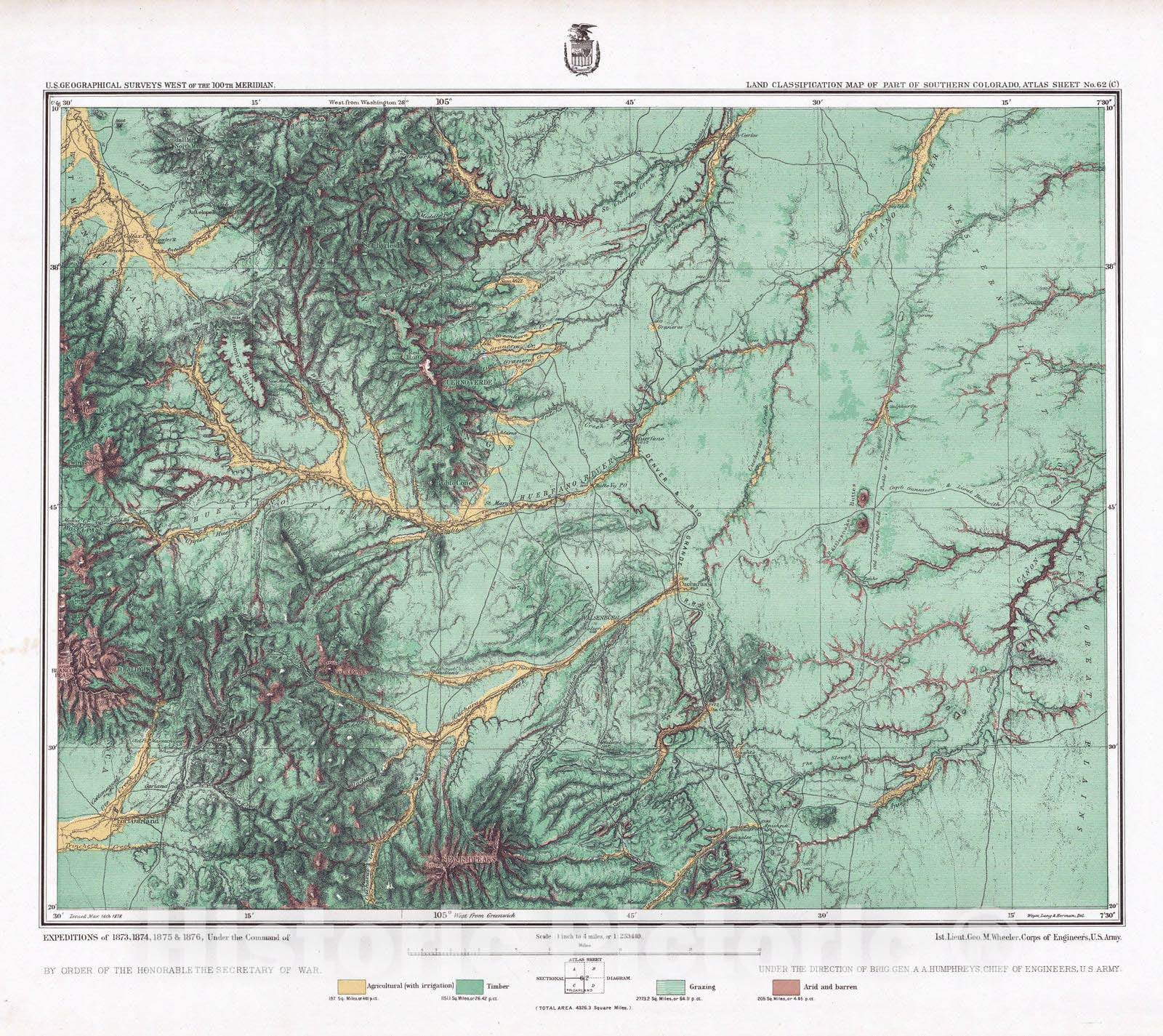 Historic Map : National Atlas - 1878 62C. Land Classification Map Of Part Of Southern Colorado. - Vintage Wall Art