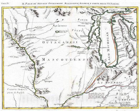 Historic Map : Illinois, 1778 Il Paese de' Selvaggi Outagamiani, Mascoutensi, Illinesi e Parte delle VI. , Vintage Wall Art