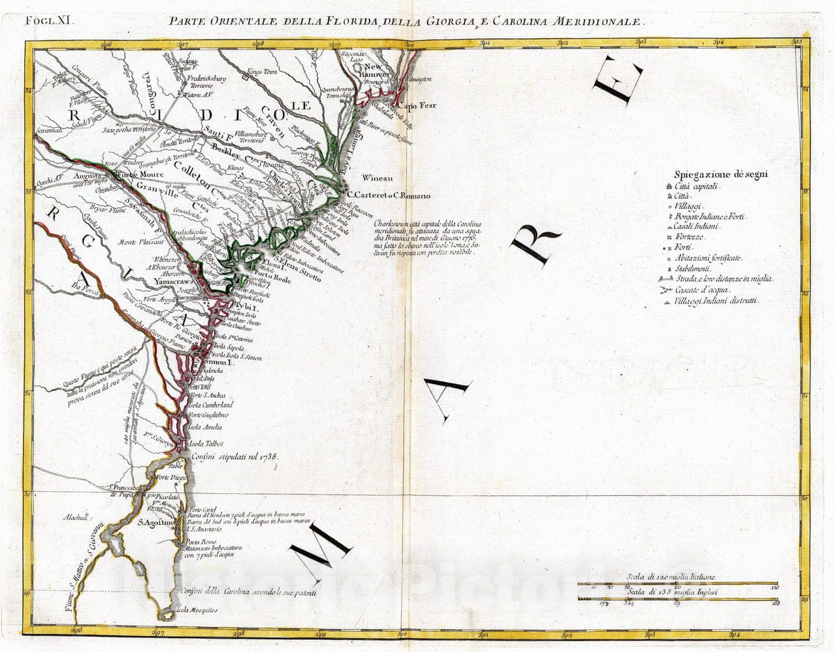 Historic Map : Florida, 1778 Parte Orientale della Florida, della Giorgia, e Carolina Meridionale. , Vintage Wall Art