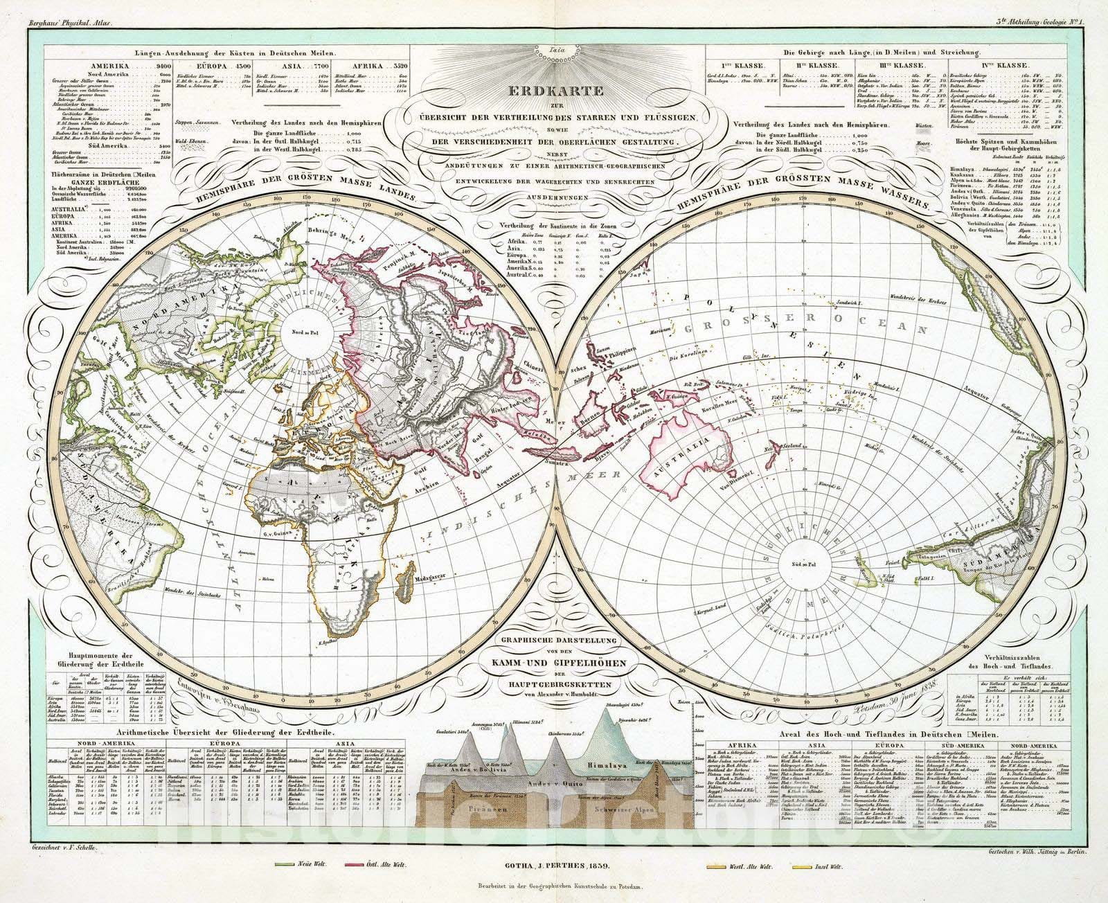 Historic Map : 1839 Erdkarte zur Ubersicht Der Vertheilung des Starren und Flussigen. - Vintage Wall Art
