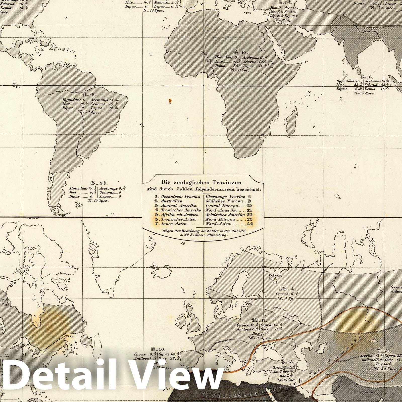 World - Rodents and Ruminants Distribution, 1845 - Historical Map Print