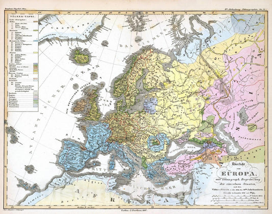 Historic Map : 1847 Ubersicht von Europa; mit ethnograph. - Vintage Wall Art