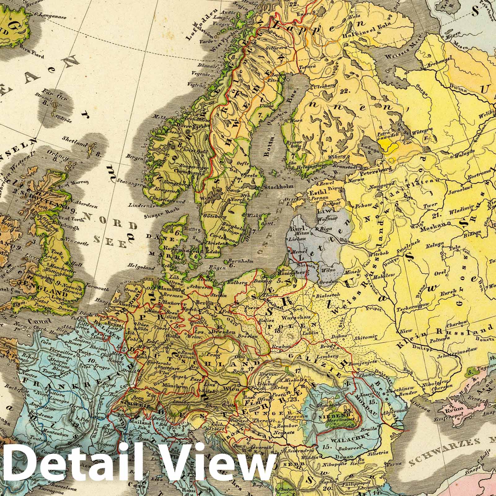 Europe - Physical Map, 1847 - Historical Map Print