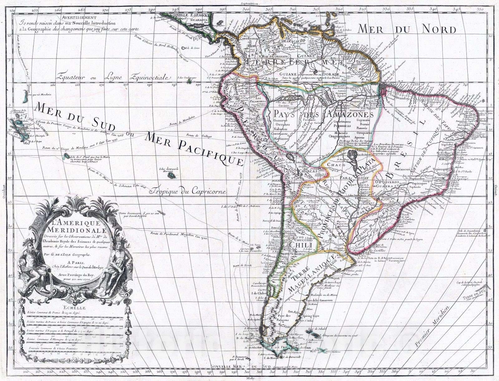 Historic Map : 1705 L'Amerique Meridionale. - Vintage Wall Art