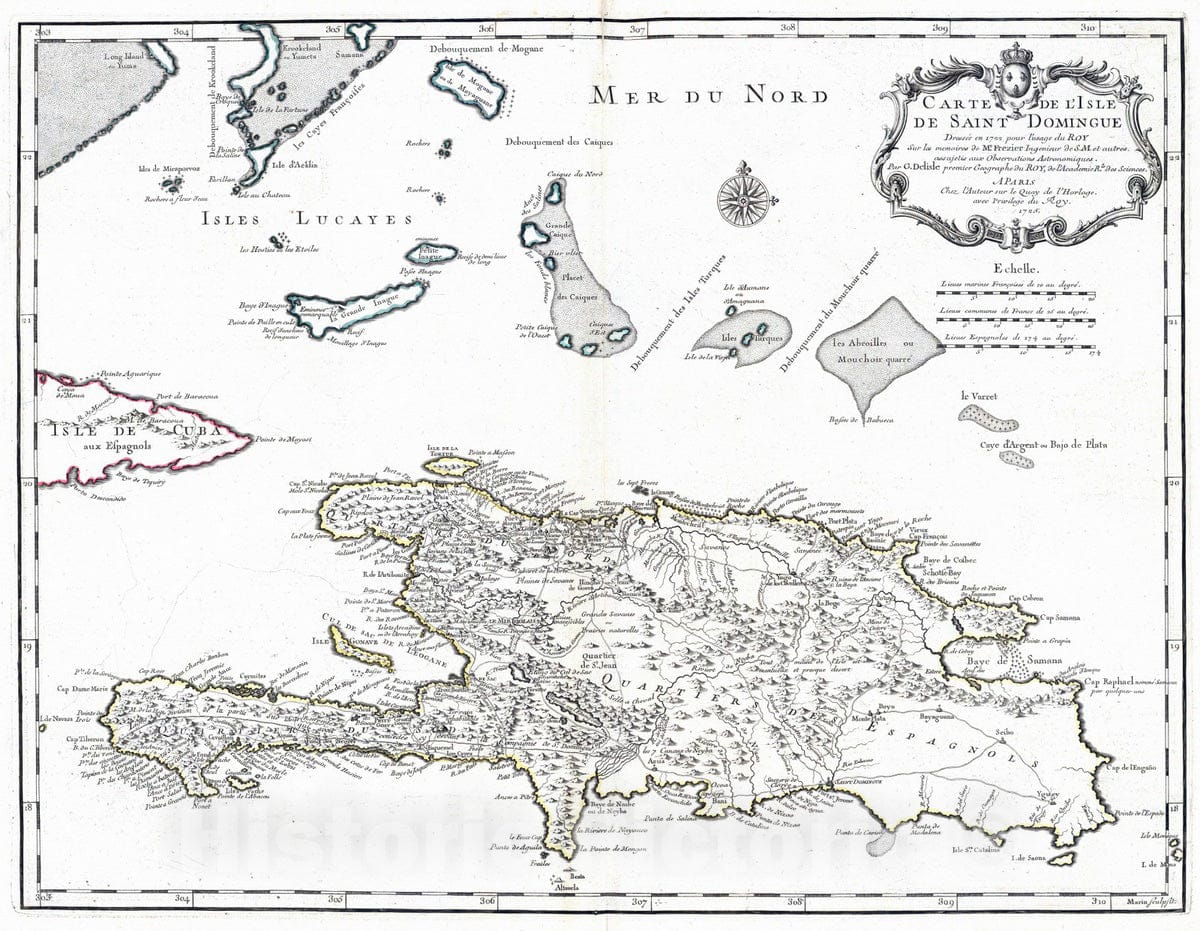 Historic Map : Dominican Republic; Haiti, , West Indies 1725 Saint Domingue. , Vintage Wall Art