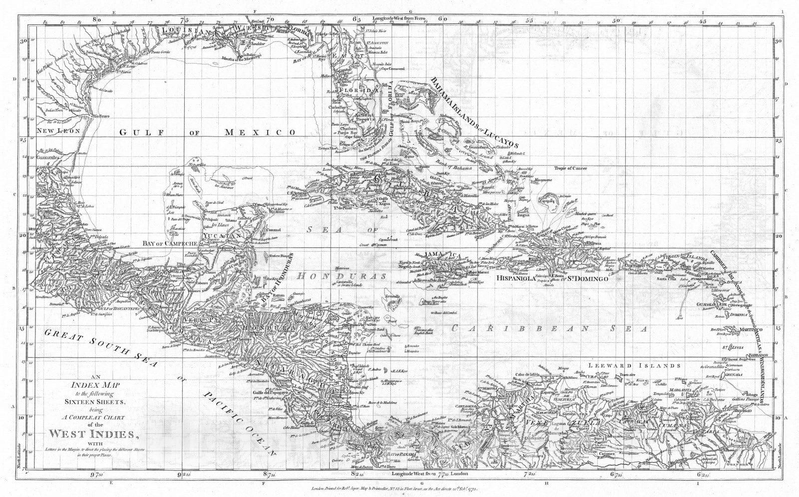 Historic Map : 1775 An index map to .a compleat chart of the West Indies. - Vintage Wall Art