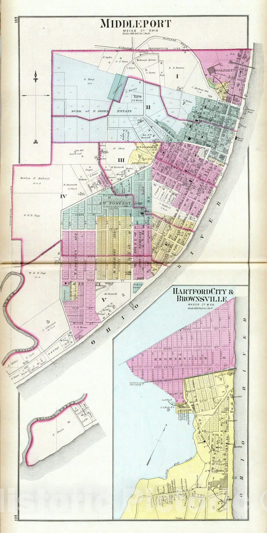 Historic Map : 1877 Middleport, Meigs Co, Ohio. (with) Hartford City & Brownsville, W. Va. - Vintage Wall Art