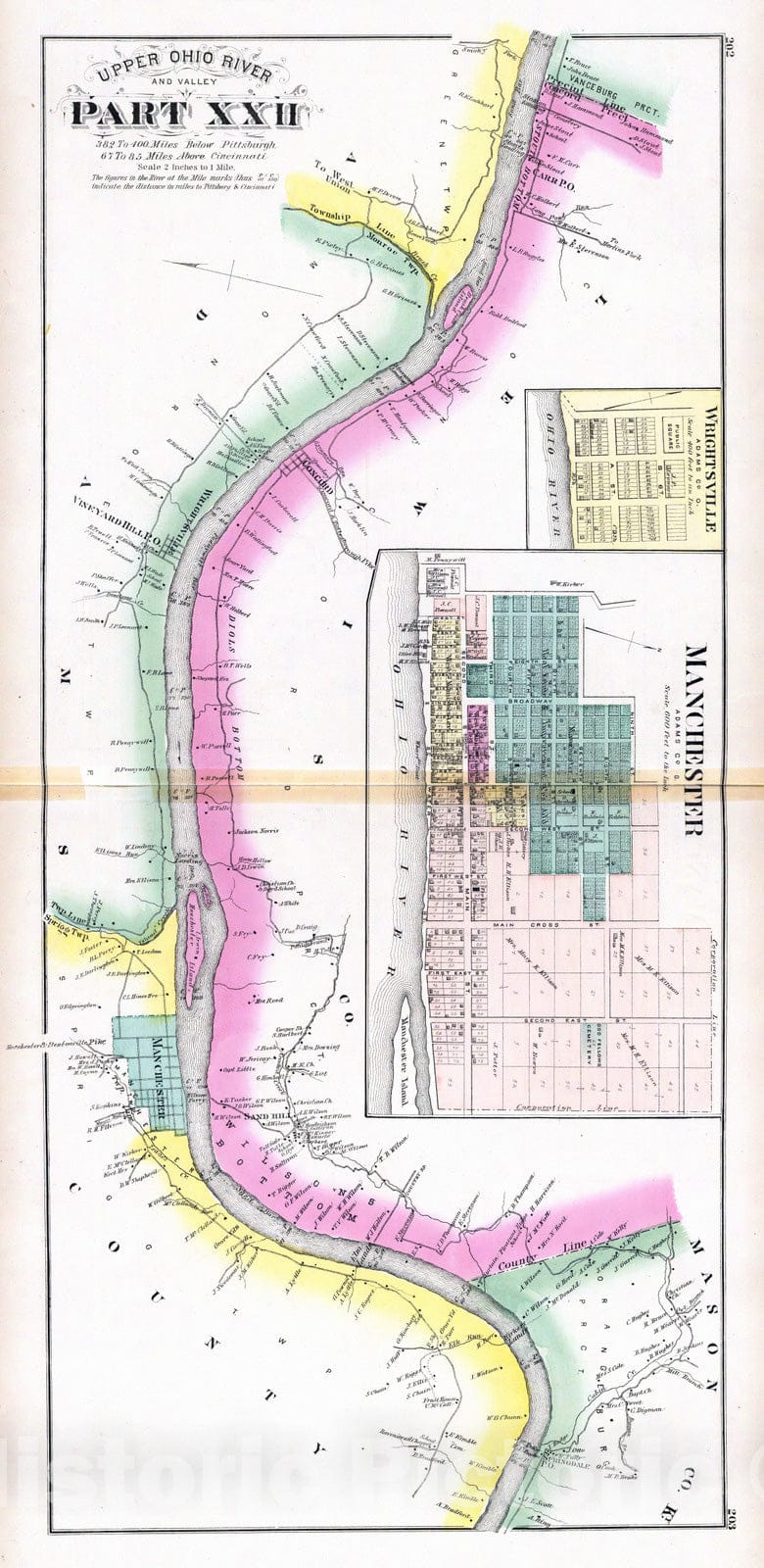 Historic Map : 1877 Upper Ohio River and Valley part XXII, 382 to 400 miles below Pittsburgh, (with) Manchester, Wrightsville, O. - Vintage Wall Art