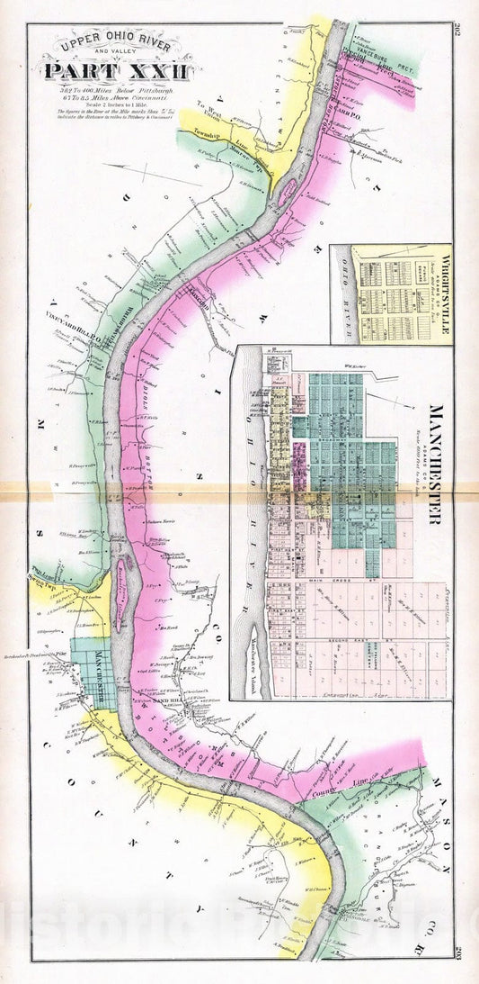 Historic Map : 1877 Upper Ohio River and Valley part XXII, 382 to 400 miles below Pittsburgh, (with) Manchester, Wrightsville, O. - Vintage Wall Art
