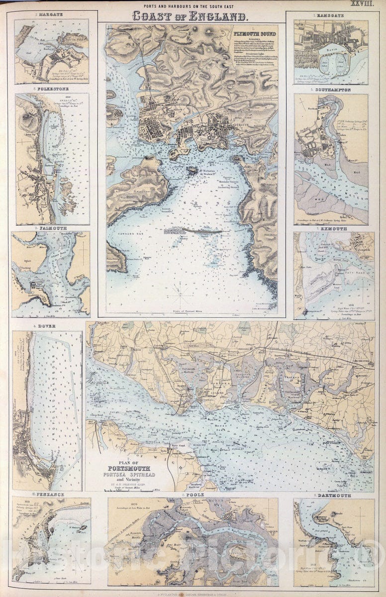 Historic Map : 1872 Ports & Harbours on the South East Coast of England. - Vintage Wall Art