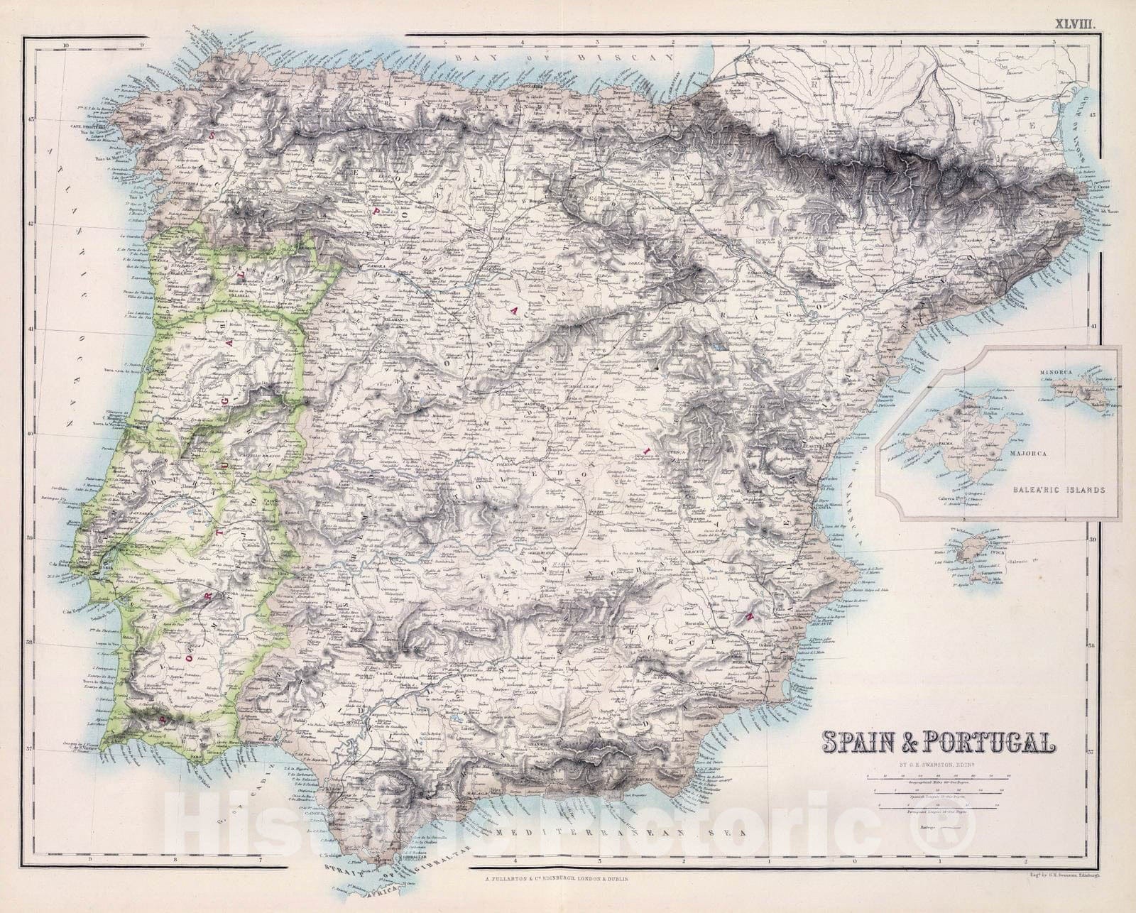 Historic Map : 1872 Spain & Portugal. - Vintage Wall Art