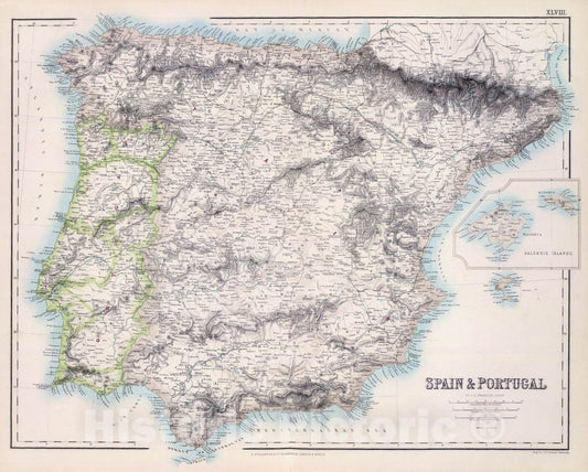 Historic Map : 1872 Spain & Portugal. - Vintage Wall Art