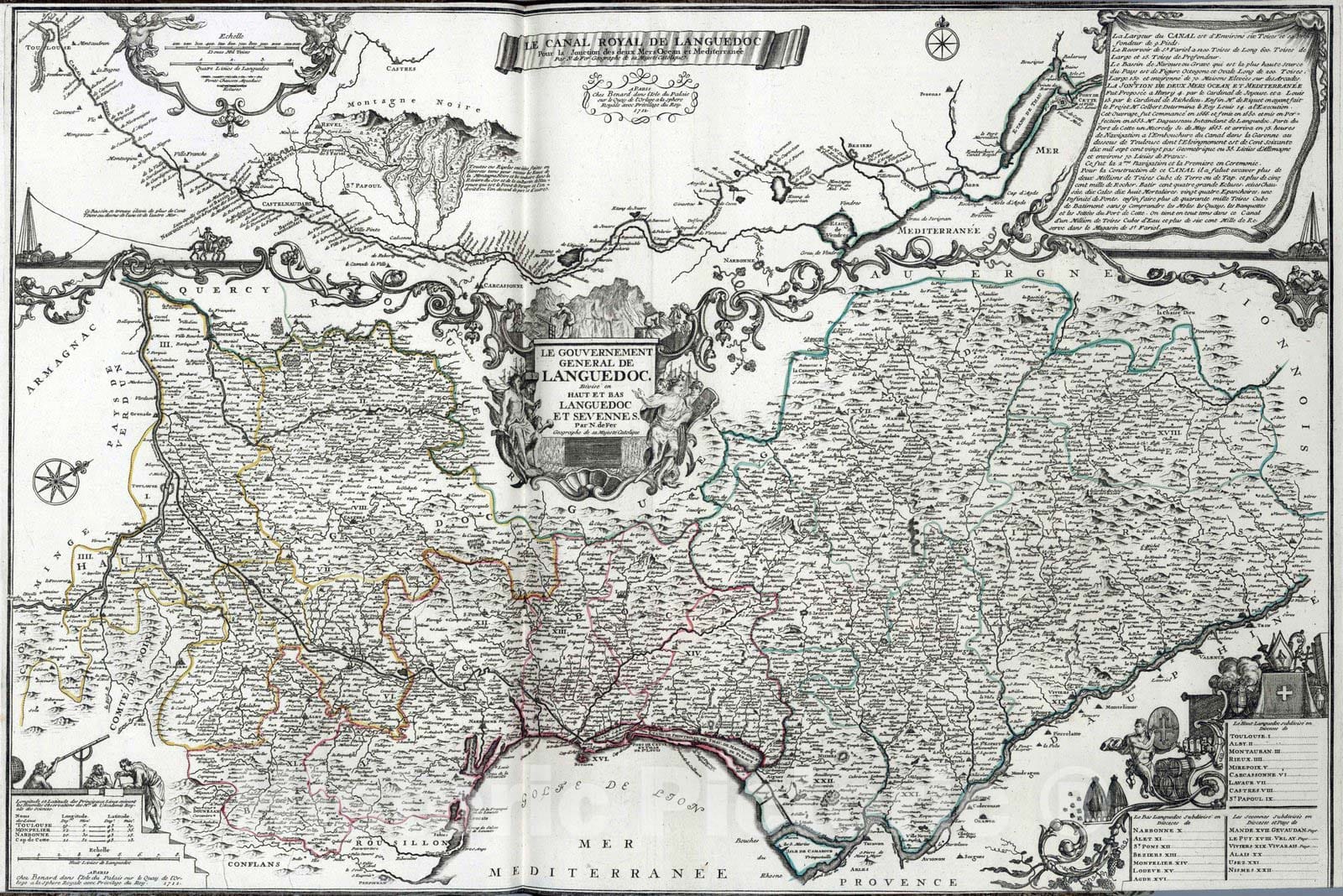 Historic Map : Midi Canal , France 1712 Le Gouvernement General de Landguedoc. Le Canal Royale de Languedoc. , Vintage Wall Art