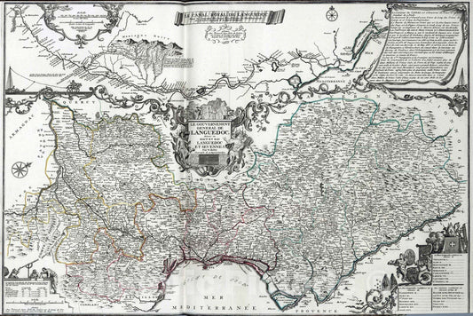 Historic Map : Midi Canal , France 1712 Le Gouvernement General de Landguedoc. Le Canal Royale de Languedoc. , Vintage Wall Art
