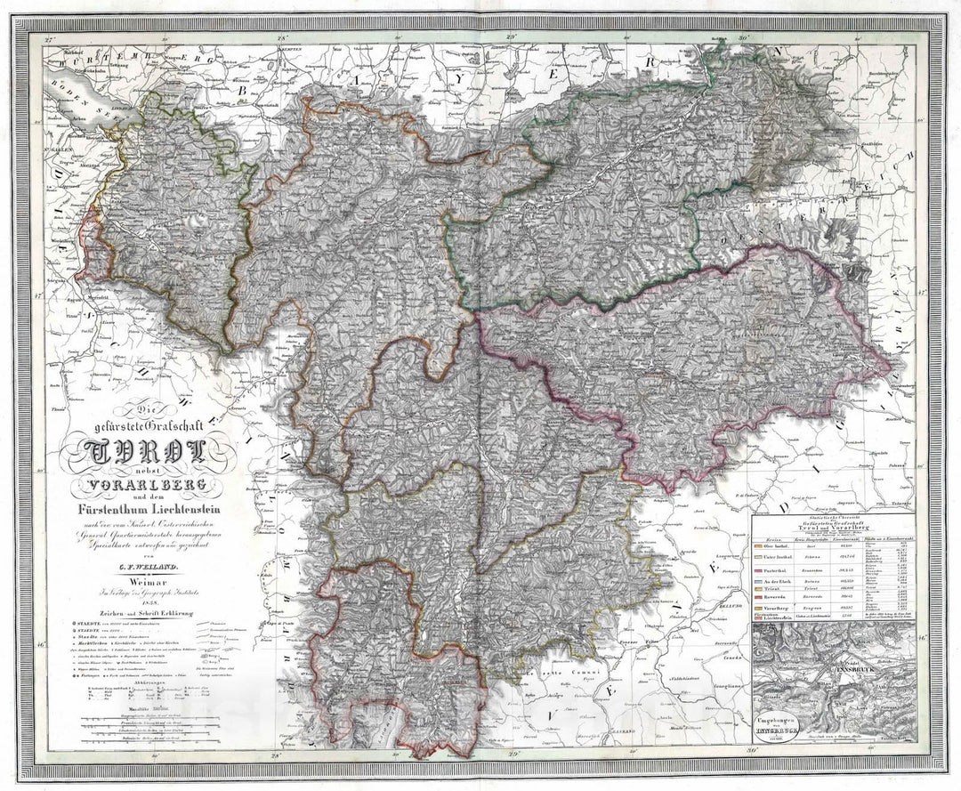 Historic Map : 1838 Tyrol and Vorarlberg, Austria, and Liechtenstein. - Vintage Wall Art