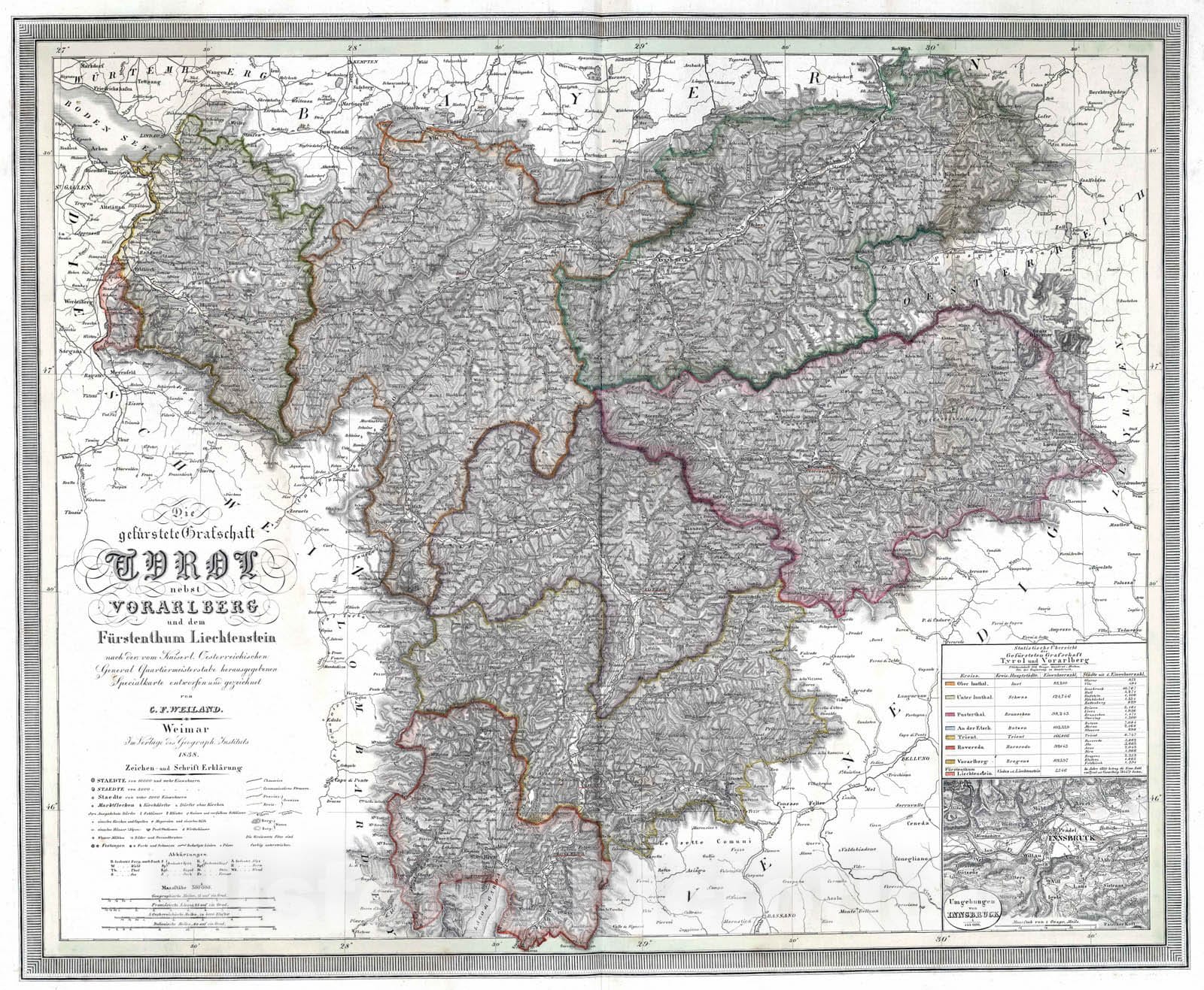 Historic Map : 1838 Tyrol and Vorarlberg, Austria, and Liechtenstein. - Vintage Wall Art