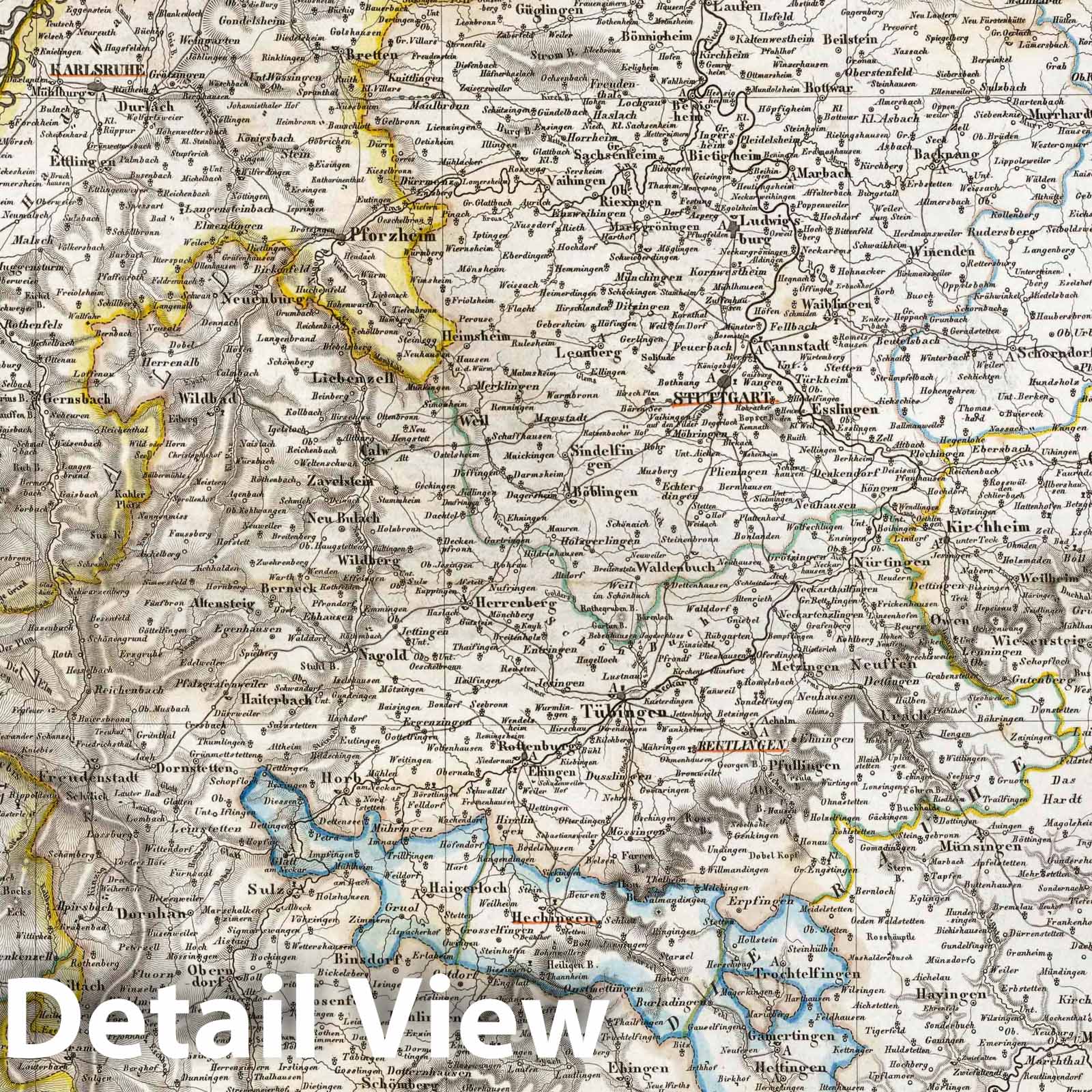 Württemberg and Baden, Germany, 1841 Historical Map Print