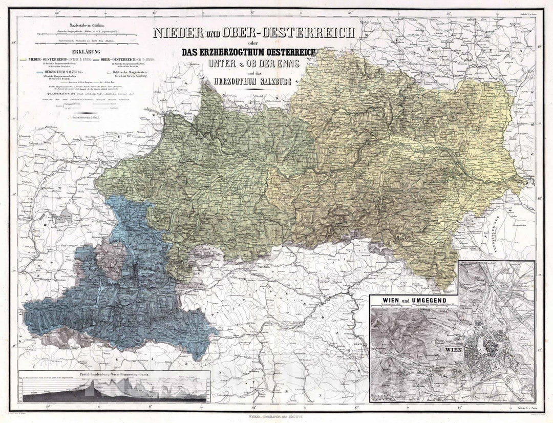 Historic Map : 1879 Lower and Upper Austria or the Duchy of Austria and the Duchy of Salzburg. - Vintage Wall Art