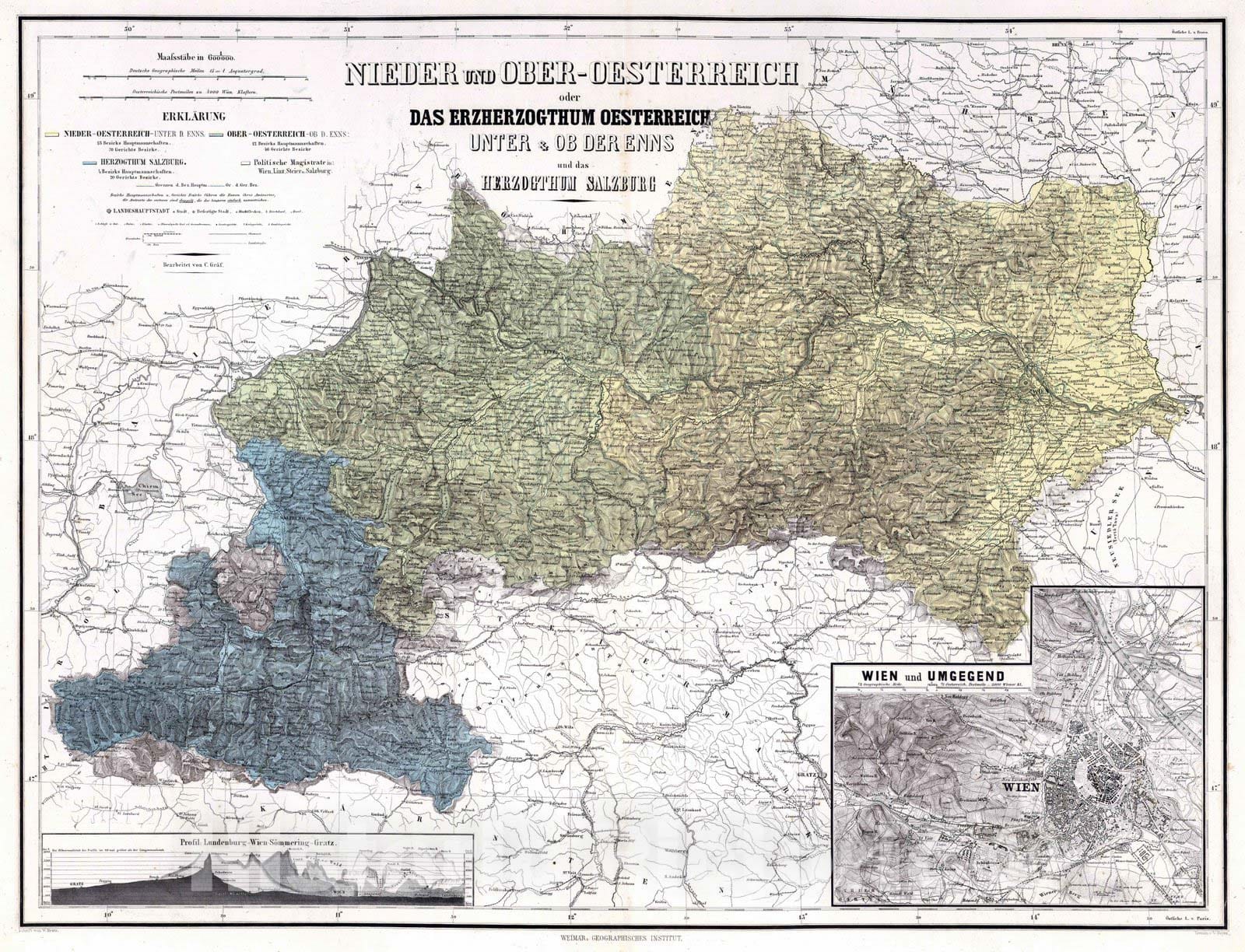 Historic Map : 1879 Lower and Upper Austria or the Duchy of Austria and the Duchy of Salzburg. - Vintage Wall Art