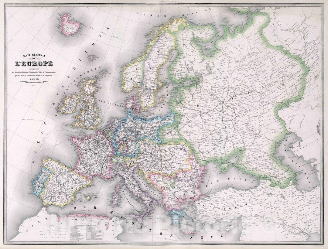 Historic Map : 1876 Carte de Generale de l'Europe. - Vintage Wall Art