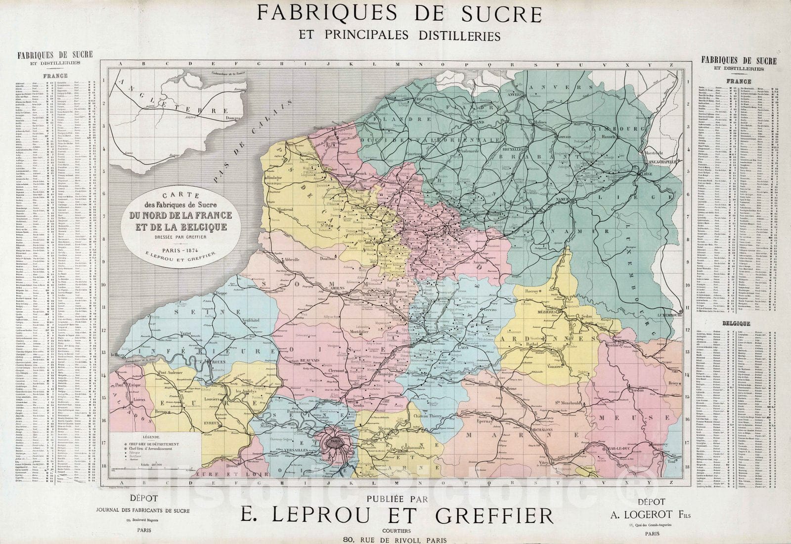Historic Map : Belgium, 1876 Fabriques de Sucre du Nord de la France et de la Belgique. , Vintage Wall Art
