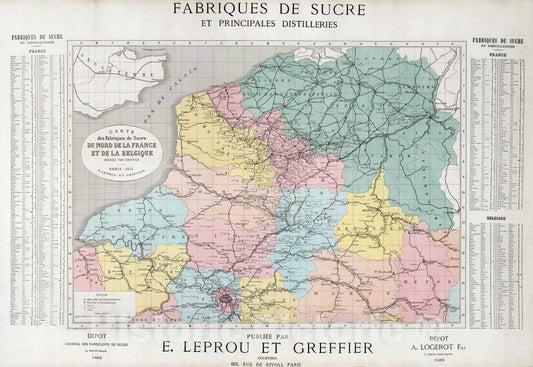 Historic Map : Belgium, 1876 Fabriques de Sucre du Nord de la France et de la Belgique. , Vintage Wall Art