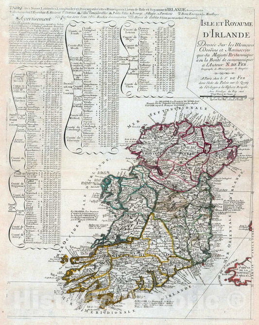 Historic Map : 1705 Isle et Royaume D'Irlande. - Vintage Wall Art