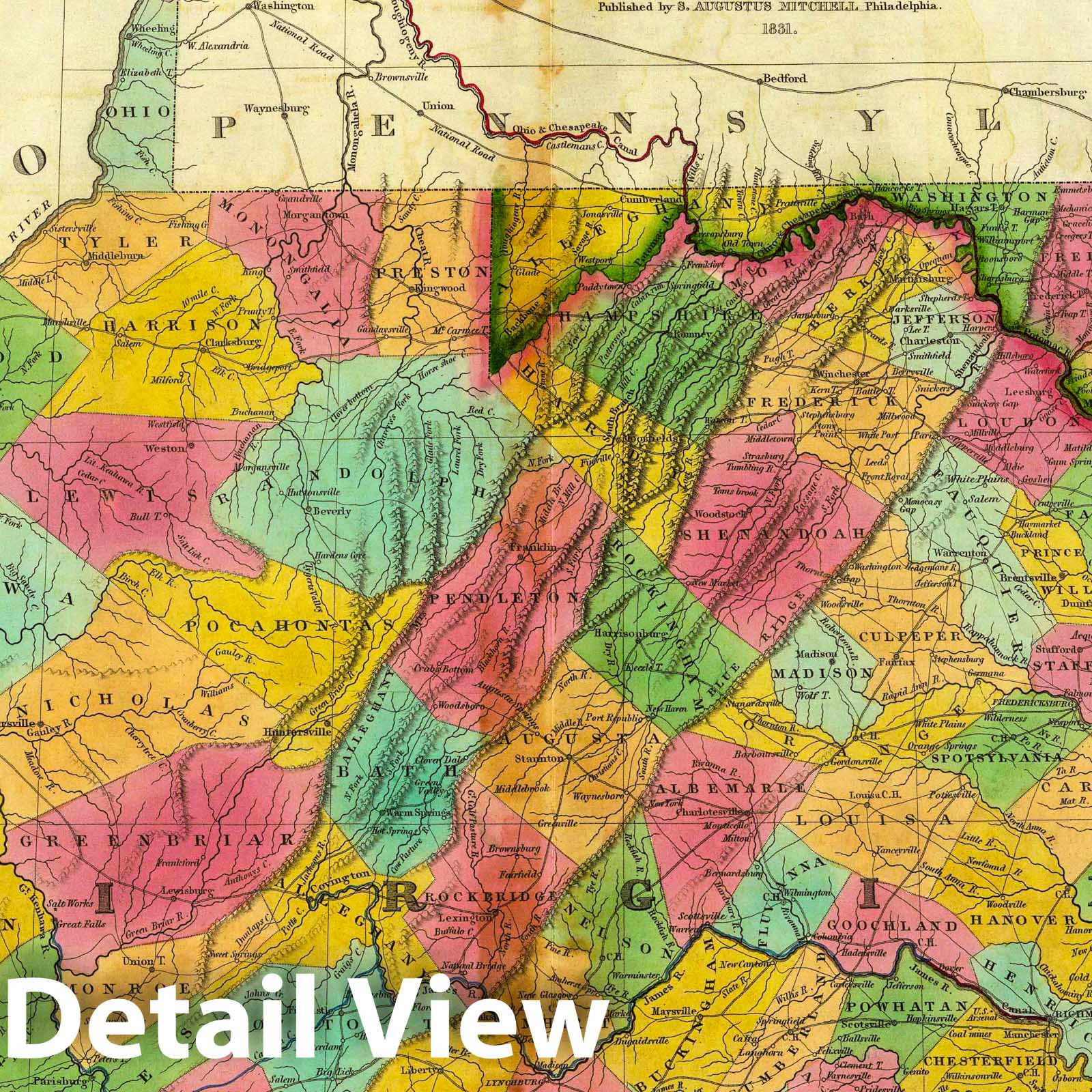 Virginia and Maryland, 1831 - Mitchell's American Atlas Historical Map Print