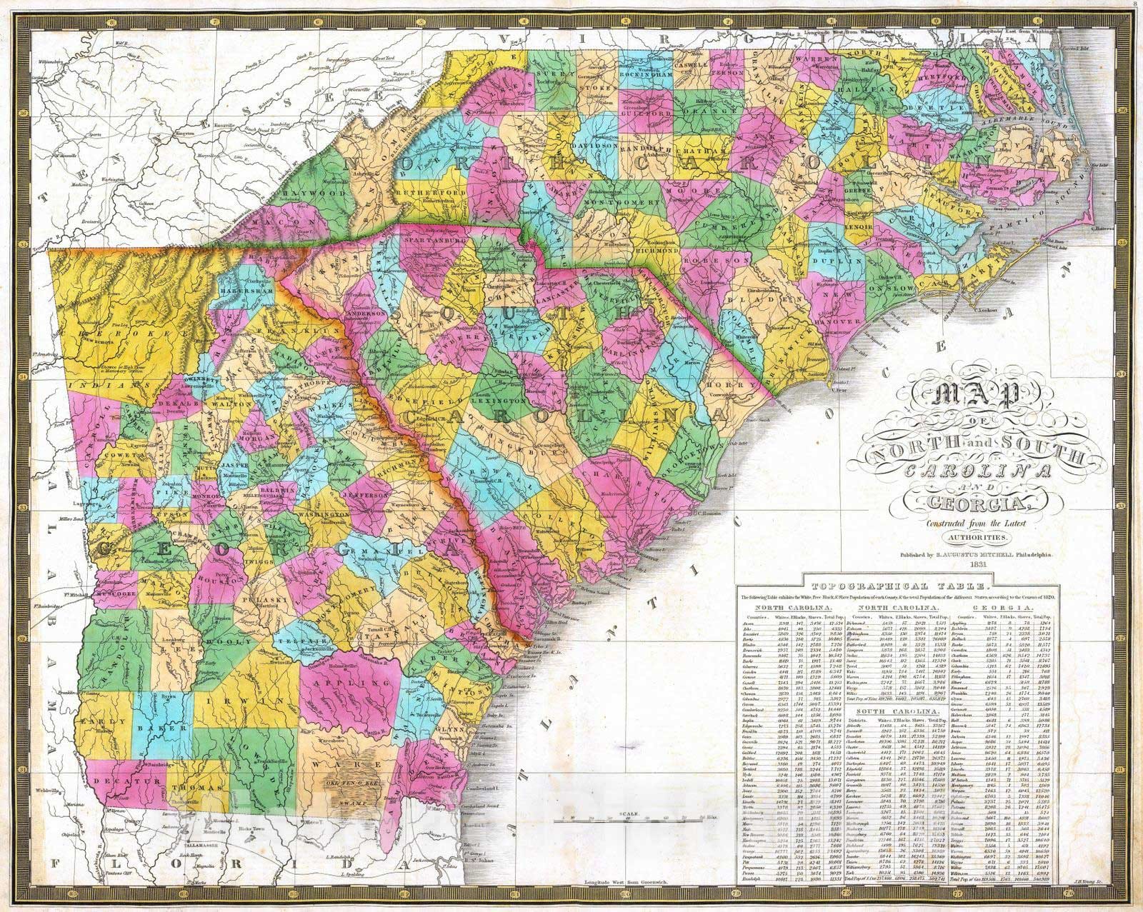 Historic Map : National Atlas - 1831 Map of North and South Carolina, and Georgia. - Vintage Wall Art