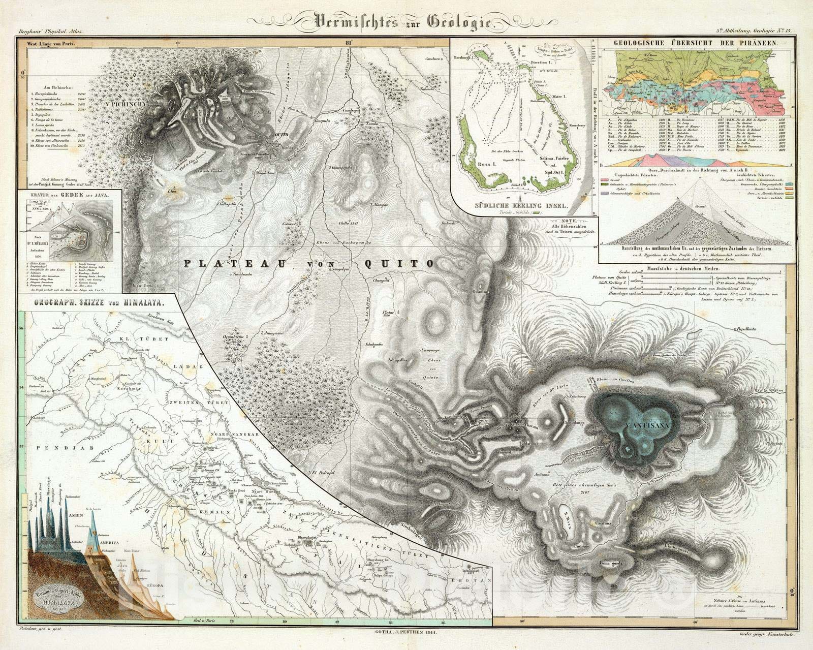 Historic Map : Ecuador; France, Himalayas 1844 Vermischtes zur Geologie. , Vintage Wall Art