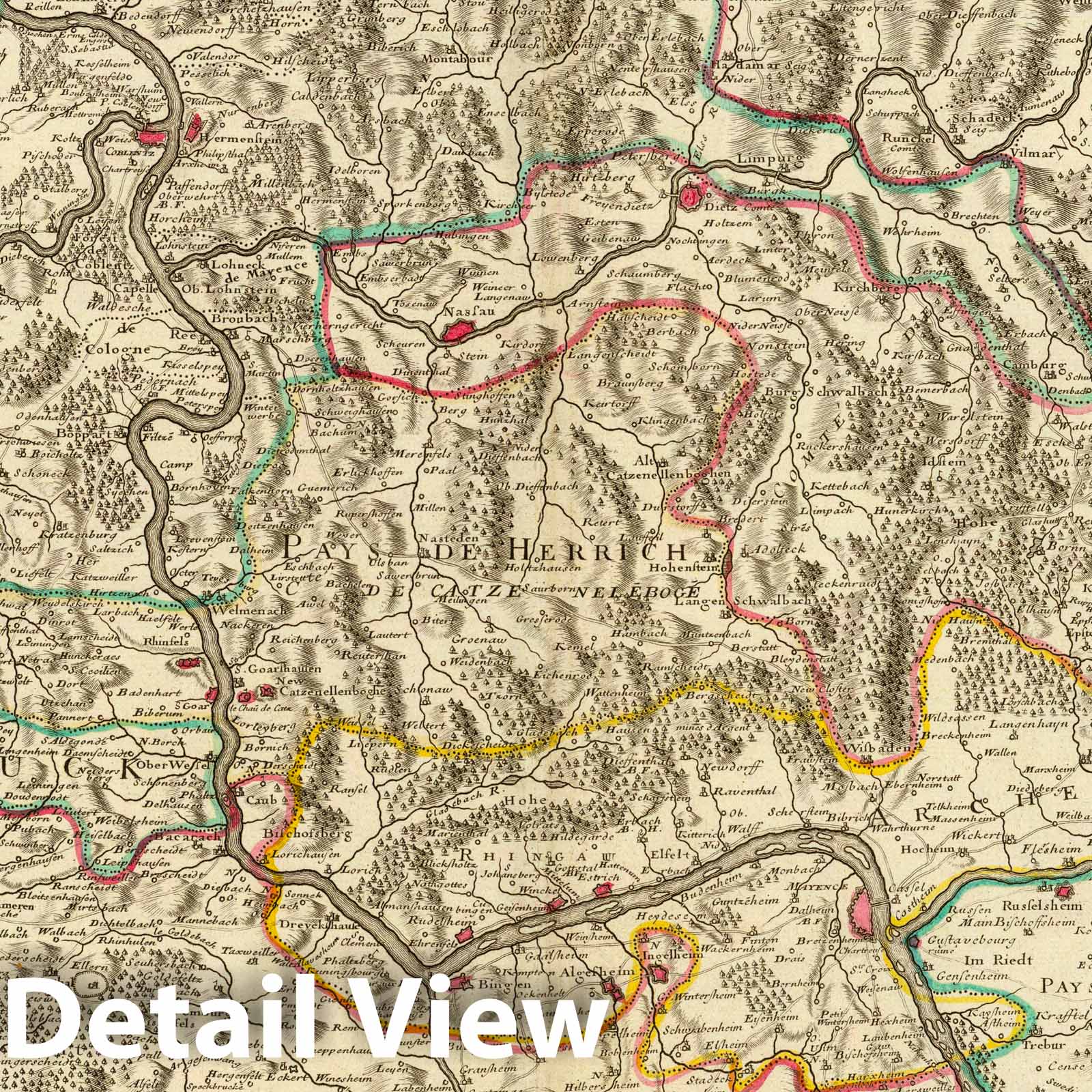 Rhine River Valley from Worms to Bonn - Route Map, 1704