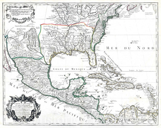 Historic Wall Map : Mexico; United States, , North America; West Indies 1708 Mexique, Floride, Terres Angloises, Isles Antilles. , Vintage Wall Art