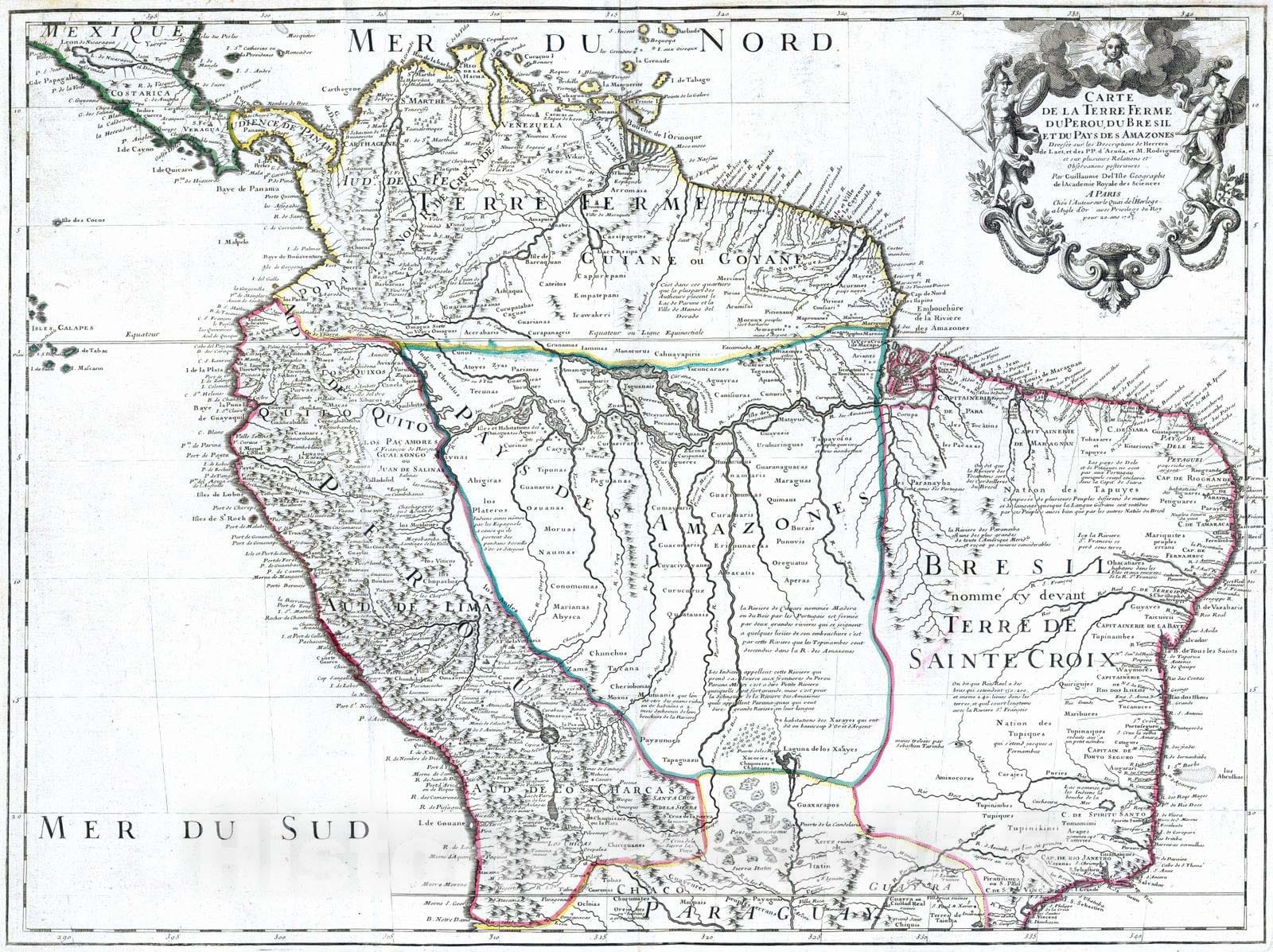 Historic Map : 1708 Terre Ferme, Perou, Bresil, Amazones. - Vintage Wall Art