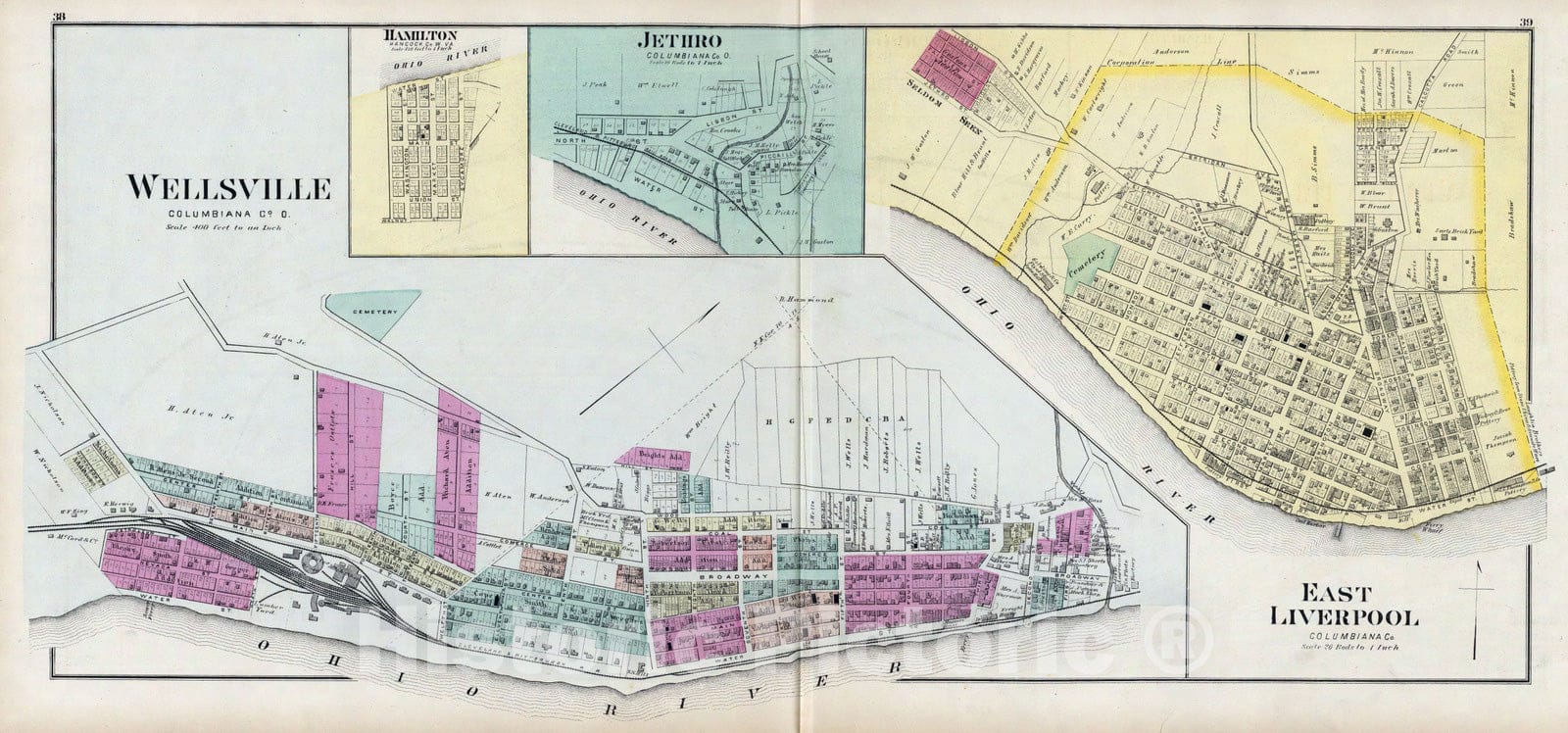 Historic Map : 1877 Wellsville, Columbiana Co, O. (with) Jethro, East Liverpool, O, Hamilton, W. Va. - Vintage Wall Art