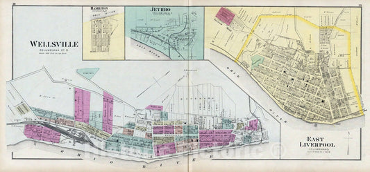 Historic Map : 1877 Wellsville, Columbiana Co, O. (with) Jethro, East Liverpool, O, Hamilton, W. Va. - Vintage Wall Art
