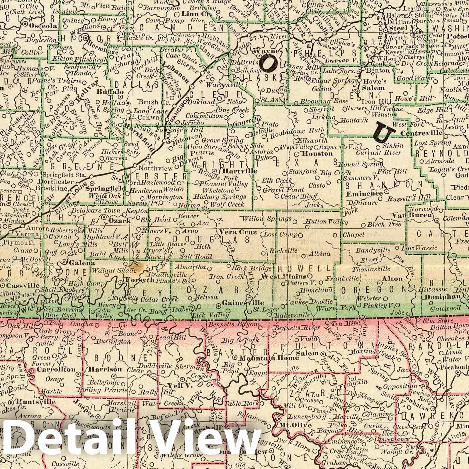 Missouri and Arkansas - Railroad Map, 1879 - Historical Map Print