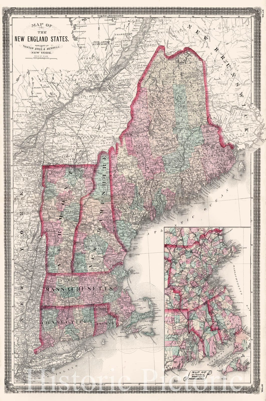 Historic Map : 1874 New England States. - Vintage Wall Art
