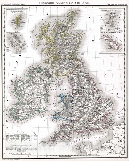 Historic Map : Great Britain, 1854 Grossbritannien und Irland , Vintage Wall Art
