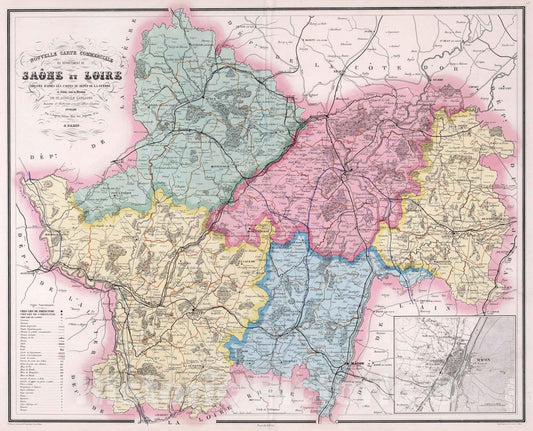 Historic Wall Map : Saone , France 1876 Nouvelle Carte du Departement de Saone et Loire Dressee d'Apres de Carte du Dept de La Guerre. , Vintage Wall Art