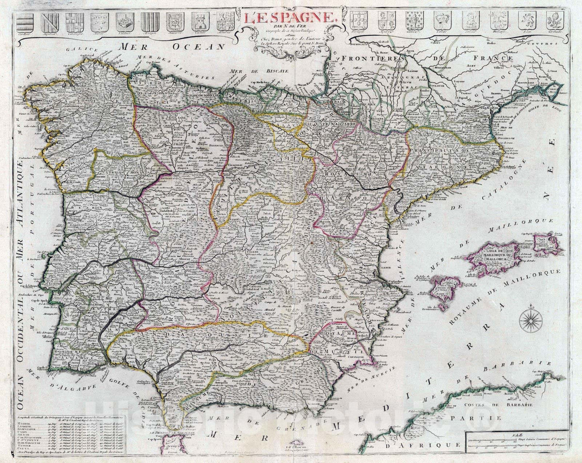 Historic Map : Spain, 1716 L'Espagne. Par N. de Fer , Vintage Wall Art