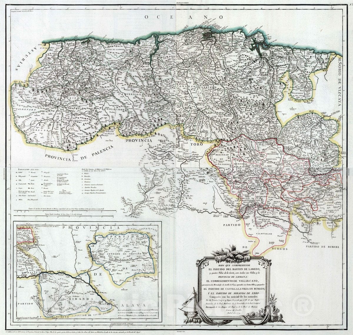 Historic Map : Spain, 1774 Composite map: 10-13. Mapa que comprehende el Partido del Baston de Laredo , Vintage Wall Art
