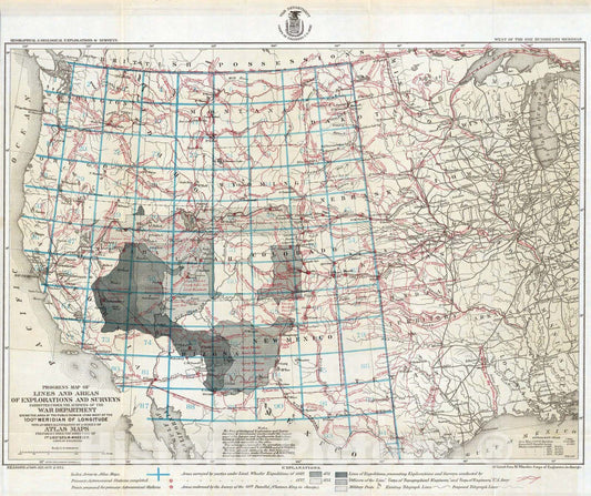 Historic Map : National Atlas - 1873 Progress Map Of Lines And Areas Of Explorations And Surveys. - Vintage Wall Art