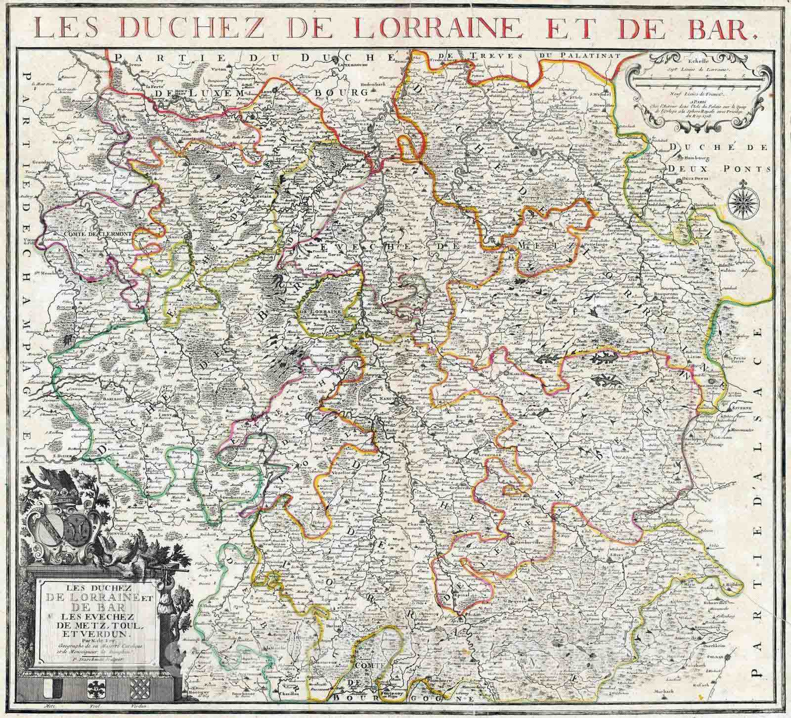 Historic Wall Map : Lorraine Region , France 1708 Les Duchez De Lorraine et De Bar. , Vintage Wall Art