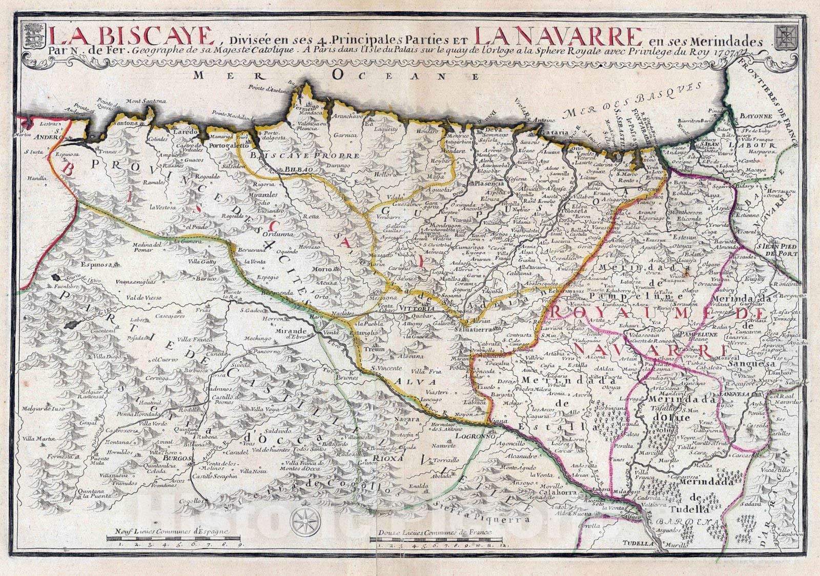 Historic Map : Spain, Biscaye Region , Spain 1707 La Biscaye , Vintage Wall Art